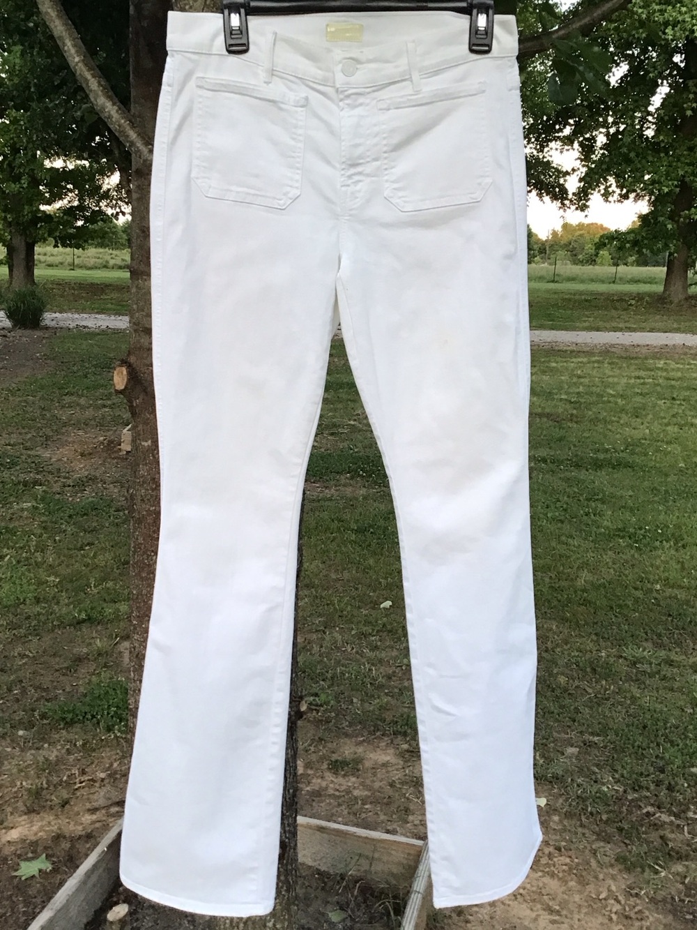 MOTHER The Patch Slacker in Stayin’ Alive White Boot Cut Jeans